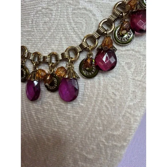 Avon Necklace Purple Glass Teardrop Bib Brass Tone 18 In Women Statement Jewelry - Picture 3 of 10